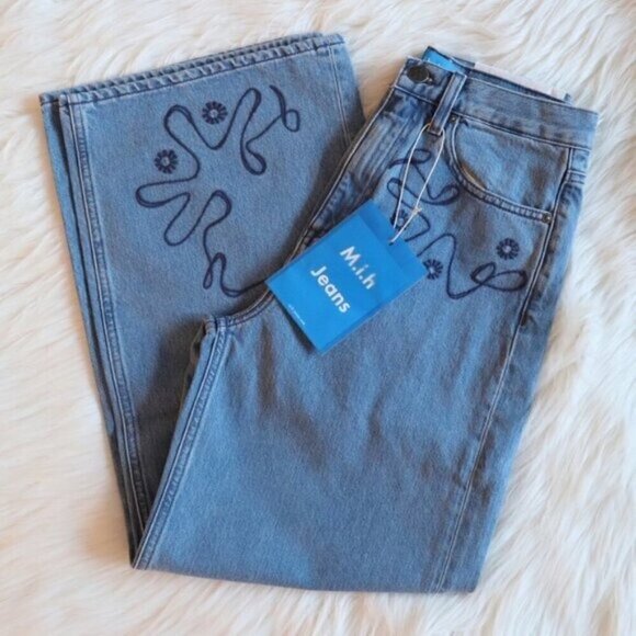 NWT Anthropologie M.i.H Embroidered Wide Leg Light Wash Cropped Jeans Size 24 - Picture 8 of 16